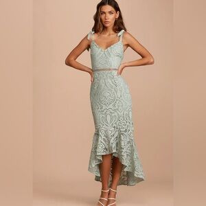 Lulus Won Your Heart Sage Green Lace Tie-Strap High-Low Midi Dress